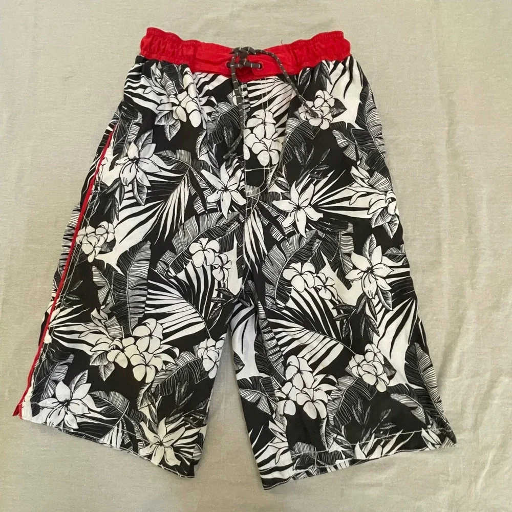 Tommy Bahama Relax Kids Boy Swim Trunks XL Tropical Floral Black White Red Beach